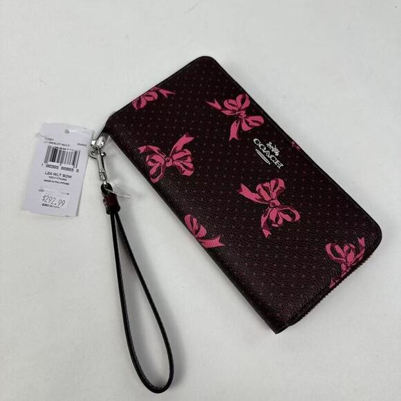 Coach Long Zip Around Wallet Signature Canvas Bow Print Silver/Merlot CZ327 - Picture 1 of 10